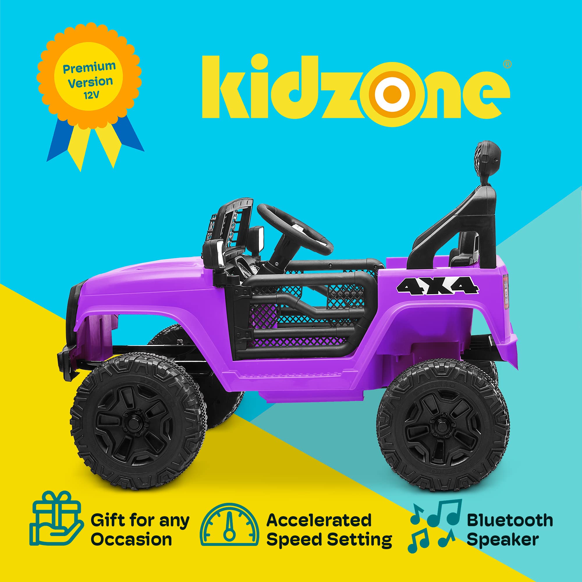 **Kidzone 12V Battery-Powered Ride-On Truck for Kids - DIY License Plate, Parent Remote Control, MP3 Player, LED Lights & Dual Speed (Purple) - Perfect for Indoor & Outdoor Play, Birthday Gifts**