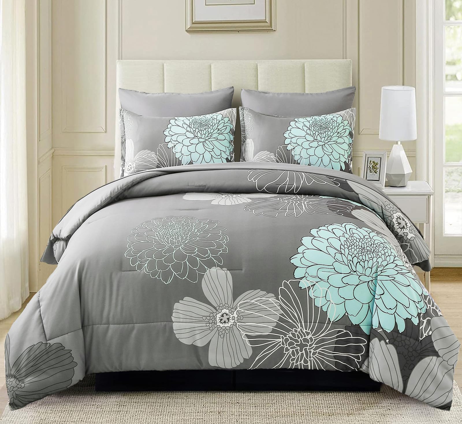 Yiran 7-Piece Floral Comforter Set Queen Size - Soft Microfiber Bedding Set Includes 1 Comforter, 1 Flat Sheet, 1 Fitted Sheet, 2 Pillow Shams & 2 Pillowcases - Perfect for Master Bedroom, Guest Room & Dorm Decor