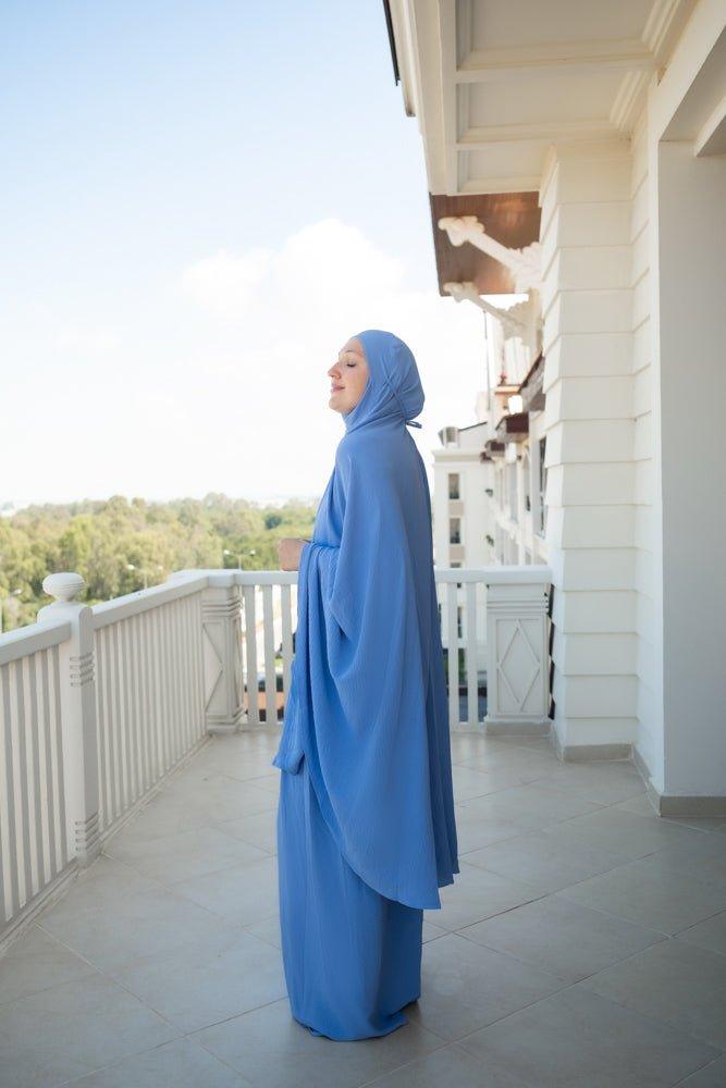 Blue Calinia Prayer Gown Two Piece Set Khimar for Omrah - Islamic Modest Dress for Women, Hajj & Umrah Prayer Outfit - Perfect for Mosque, Religious Ceremonies & Daily Worship