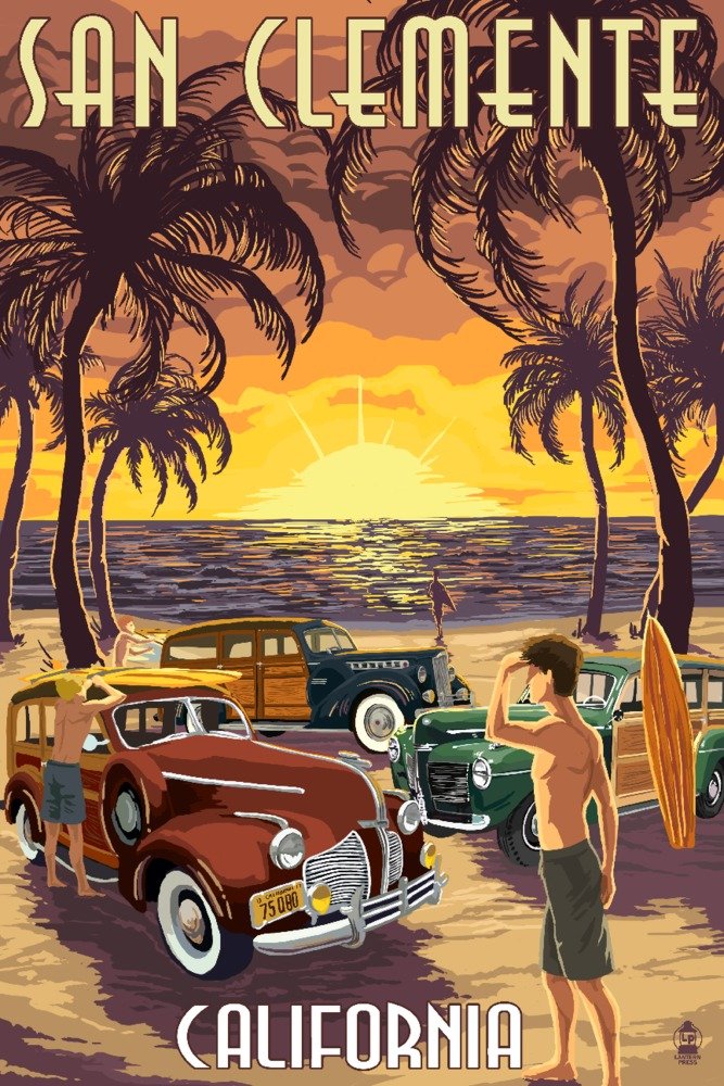San Clemente California Woodies and Sunset - 16x24 Gallery Quality Metal Wall Art, Aluminum Decor for Beach House, Living Room, Office