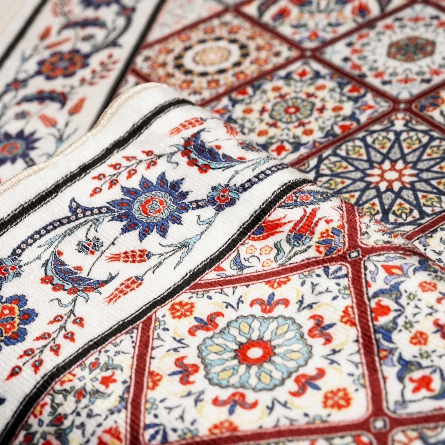 Premium Muslim Prayer Rug - Red & Blue Geometric Islamic Design for Home, Mosque & Travel - Soft & Durable Prayer Mat for Daily Salah & Jummah Prayers