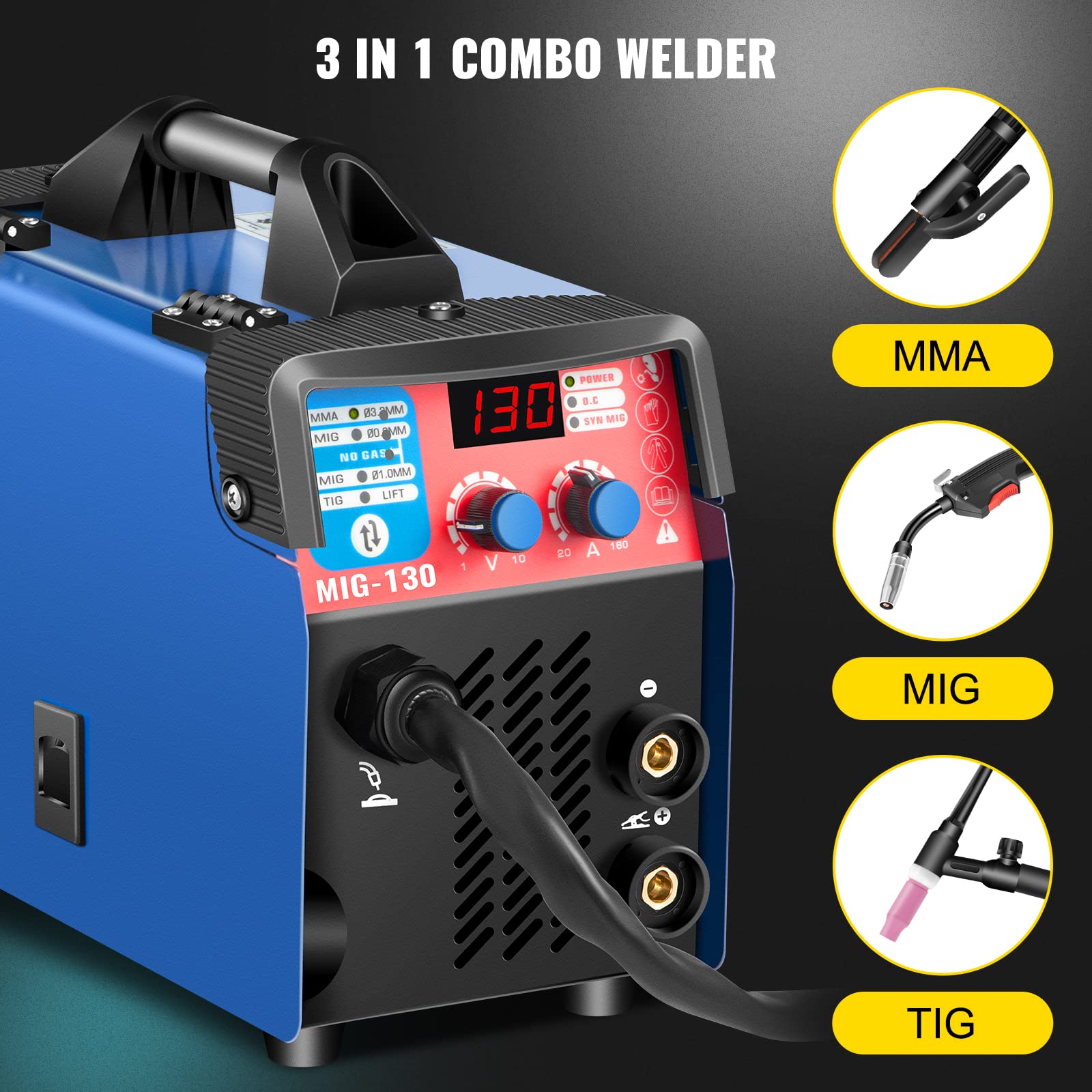 VEVOR MIG Welder 130A, 3-in-1 MMA/MIG/Lift TIG Welding Machine with Flux Core, Portable MIG-130 Welding Equipment & 1KG Wire - Perfect for Home DIY, Auto Repair, and Metal Fabrication Projects