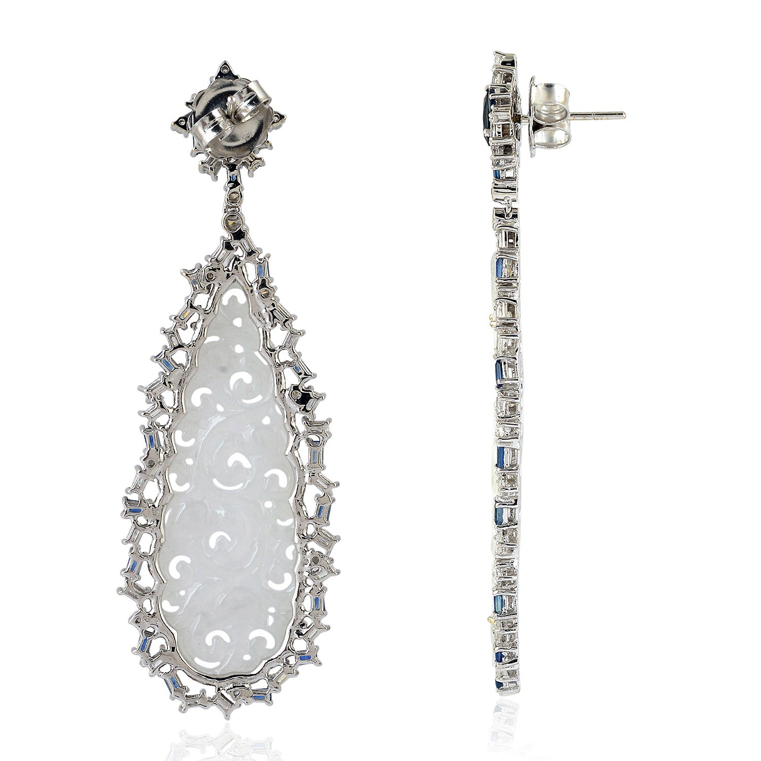 Exquisite Carved Filigree Jade Baguette Earrings with Blue Sapphire & Diamond Accents in 14K White Gold - Elegant Dangle Earrings for Weddings, Parties & Special Occasions