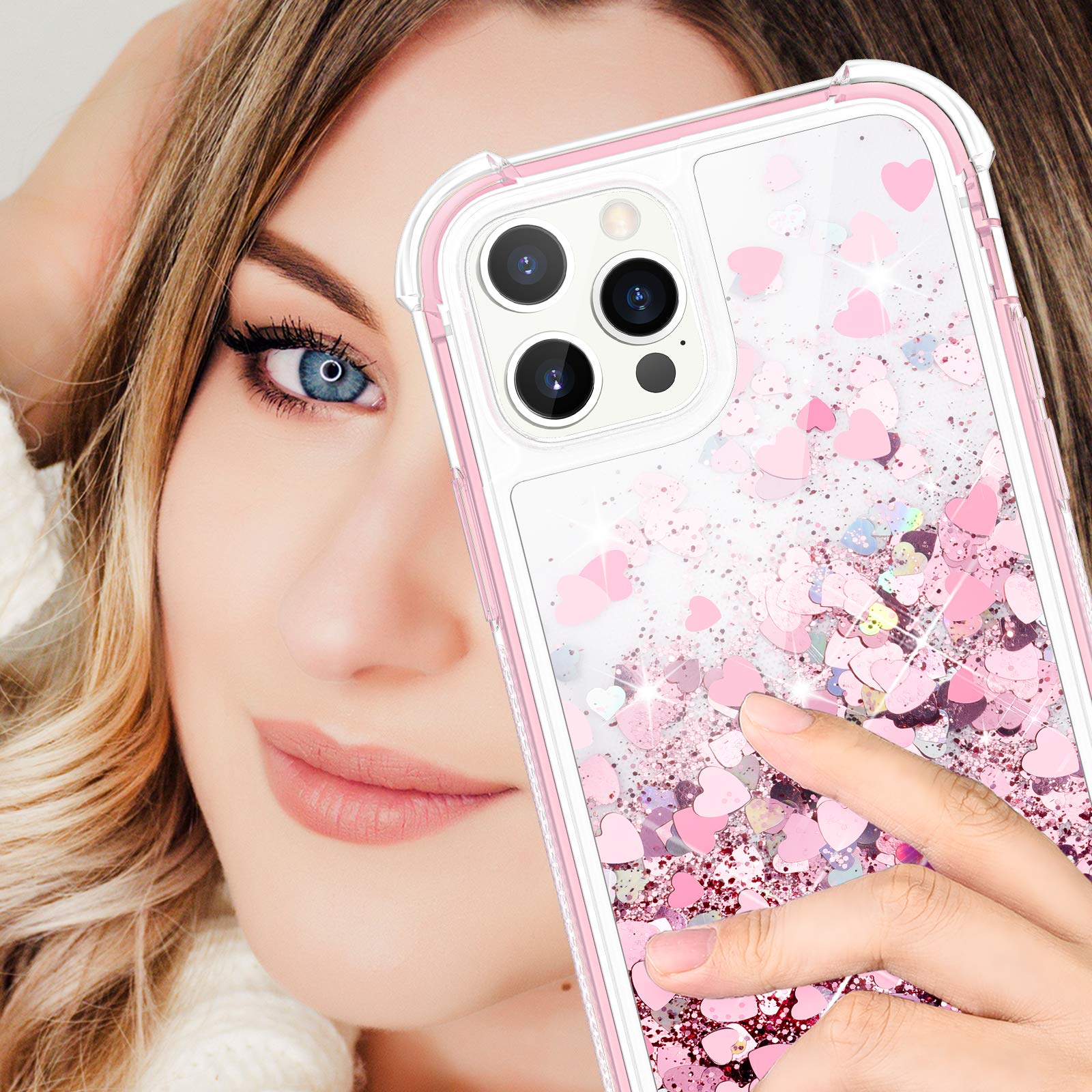 iPhone 12 Pro Max Case (6.7 inch, 2020) - Glitter Bling Liquid Sparkle Clear Protective Cover with Fashion Flowing Quicksand Design | Rose Gold | Perfect for Women & Girls | Great for Parties, Daily Use & Gift Giving