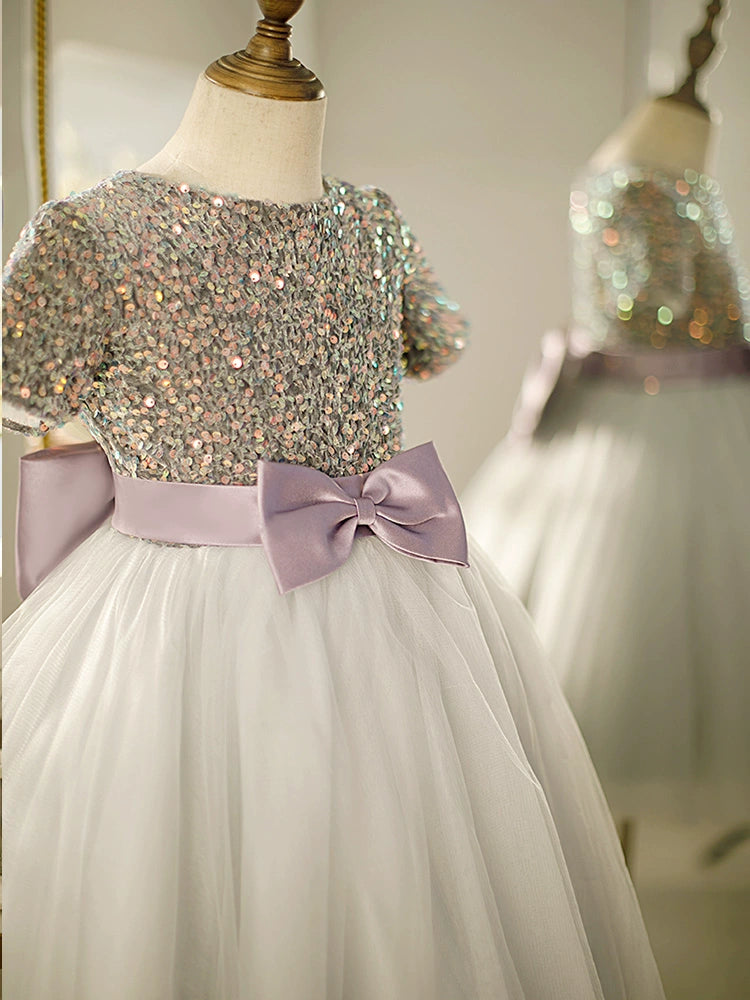 Dusty Blue Princess Round Tea Length Tulle Flower Girl Dress for Weddings, Bridal Showers & Special Occasions