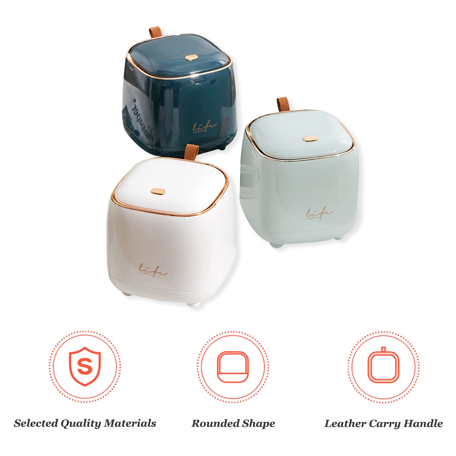 Mini Countertop Trash Can with 3 Rolls of Trash Bags - Press Type Lid Small Waste Bin for Bathroom Vanity, Coffee Table, Office Desk - Compact White Garbage Can for Home & Office Use