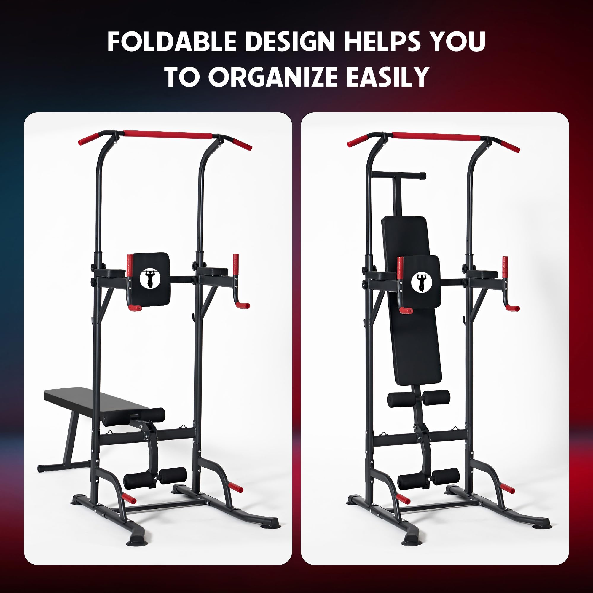 SogesPower Adjustable Height Power Tower - Multi-Function Pull Up Bar & Dip Station for Home Gym, Strength Training Equipment with Folding Dumbbell Bench (330LBS Capacity) - Perfect for Full-Body Workouts, Calisthenics & Home Fitness Training