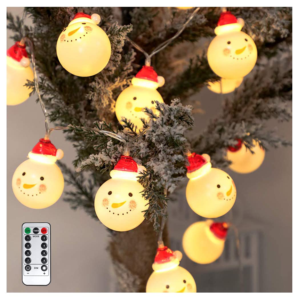 Waterproof Battery Operated LED Christmas String Lights - 10ft 20 LEDs with 8 Flashing Modes for Xmas Tree Decorations (Snowman Design) | Indoor Outdoor Holiday Decor, Party & Wedding Lighting