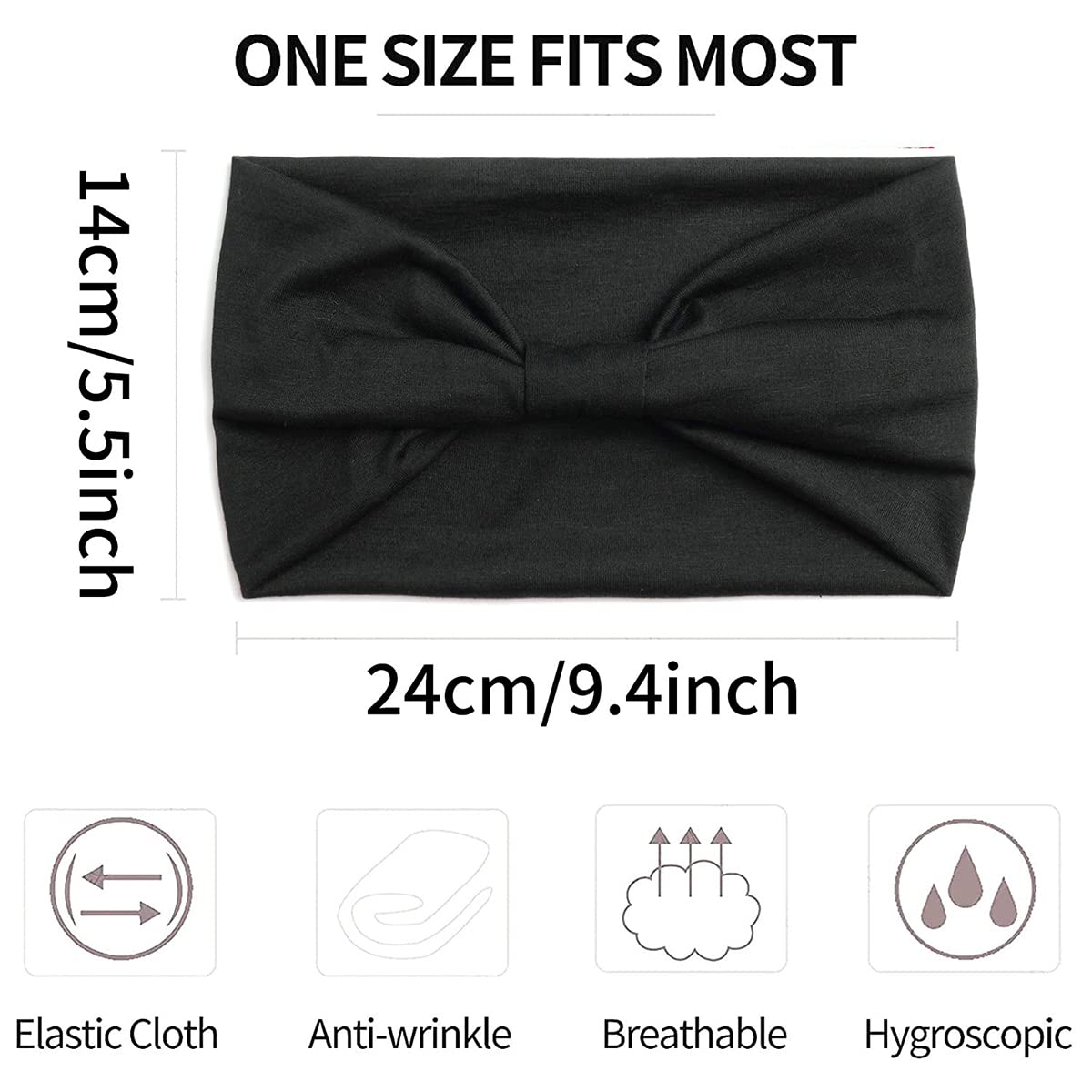 Boho Headbands for Women - Wide Soft Elastic Hair Bands, Fashion Bandanas & Yoga Hair Accessories for Women & Girls (Black) - Perfect for Yoga, Workouts, and Everyday Style