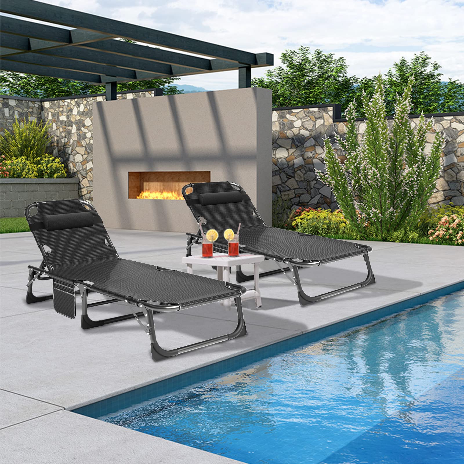 ABORON 5-Position Adjustable Folding Camping Cot for Adults - Portable Sleeping Cot, Outdoor Lounge Chair with Pillow - Perfect for Beach, Poolside, Lawn, Camping & Sunbathing - Heavy Duty Reclining Chaise Lounge for Backyard, Patio & Travel