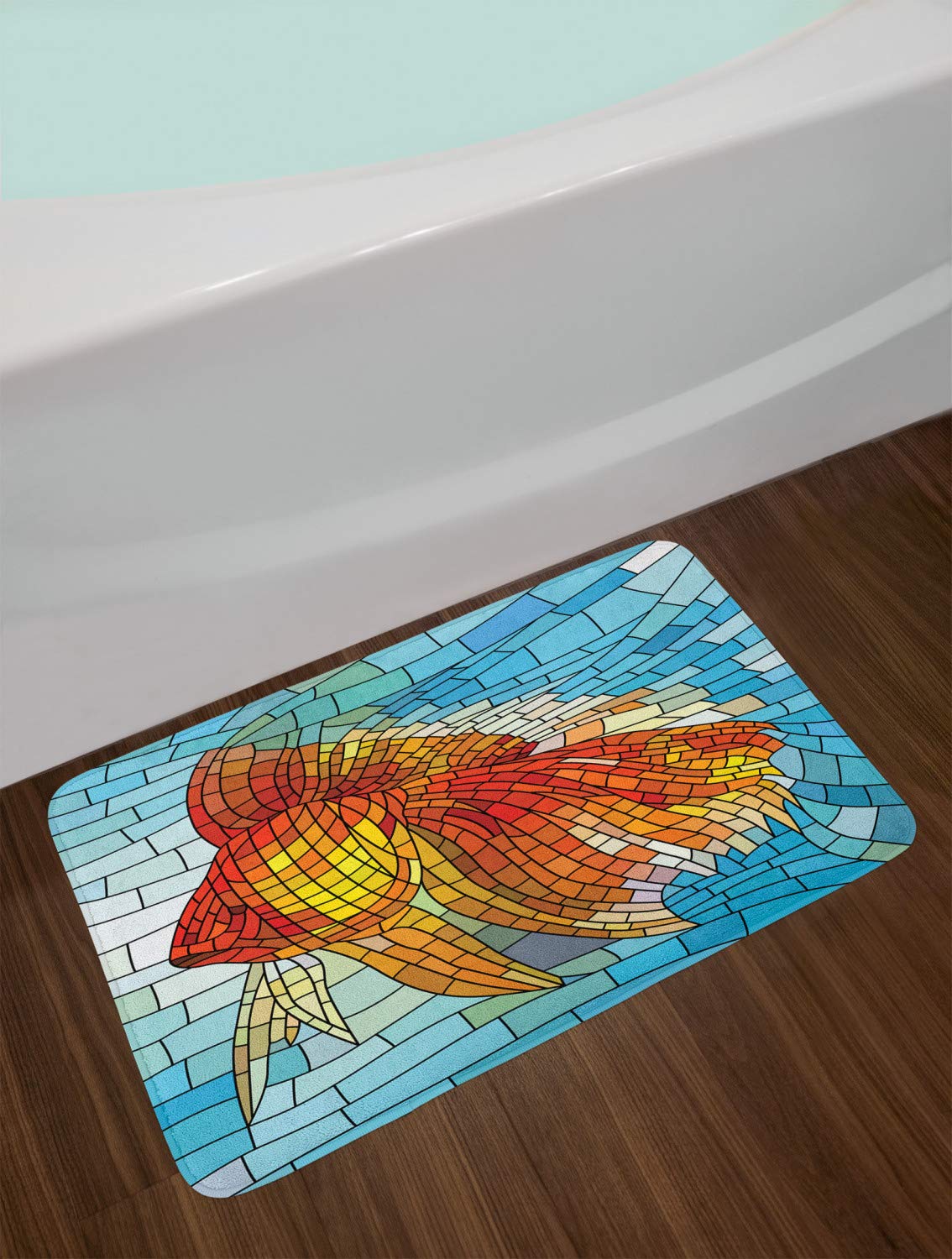 Ambesonne Non-Slip Fish Bath Mat - Stained Glass Mosaic Art Design with Orange & Blue Tones, Soft Plush Bathroom Decor Rug 30