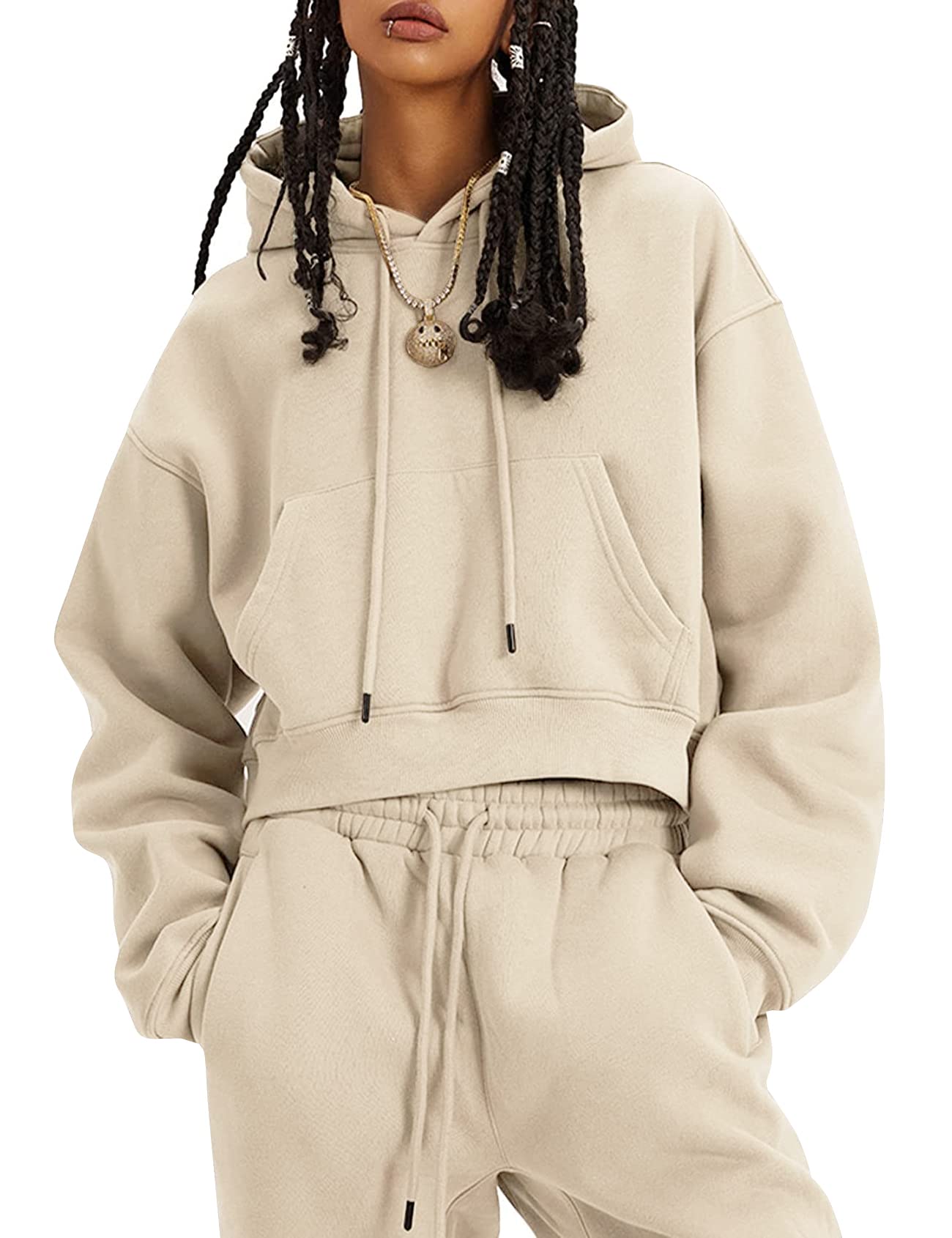 CozyPoin Women's Fleece 2-Piece Sweatsuit Set - Soft Crop Top & Pants Hoodie Tracksuit for Lounge, Workout & Casual Wear | Winter Comfort Outfit
