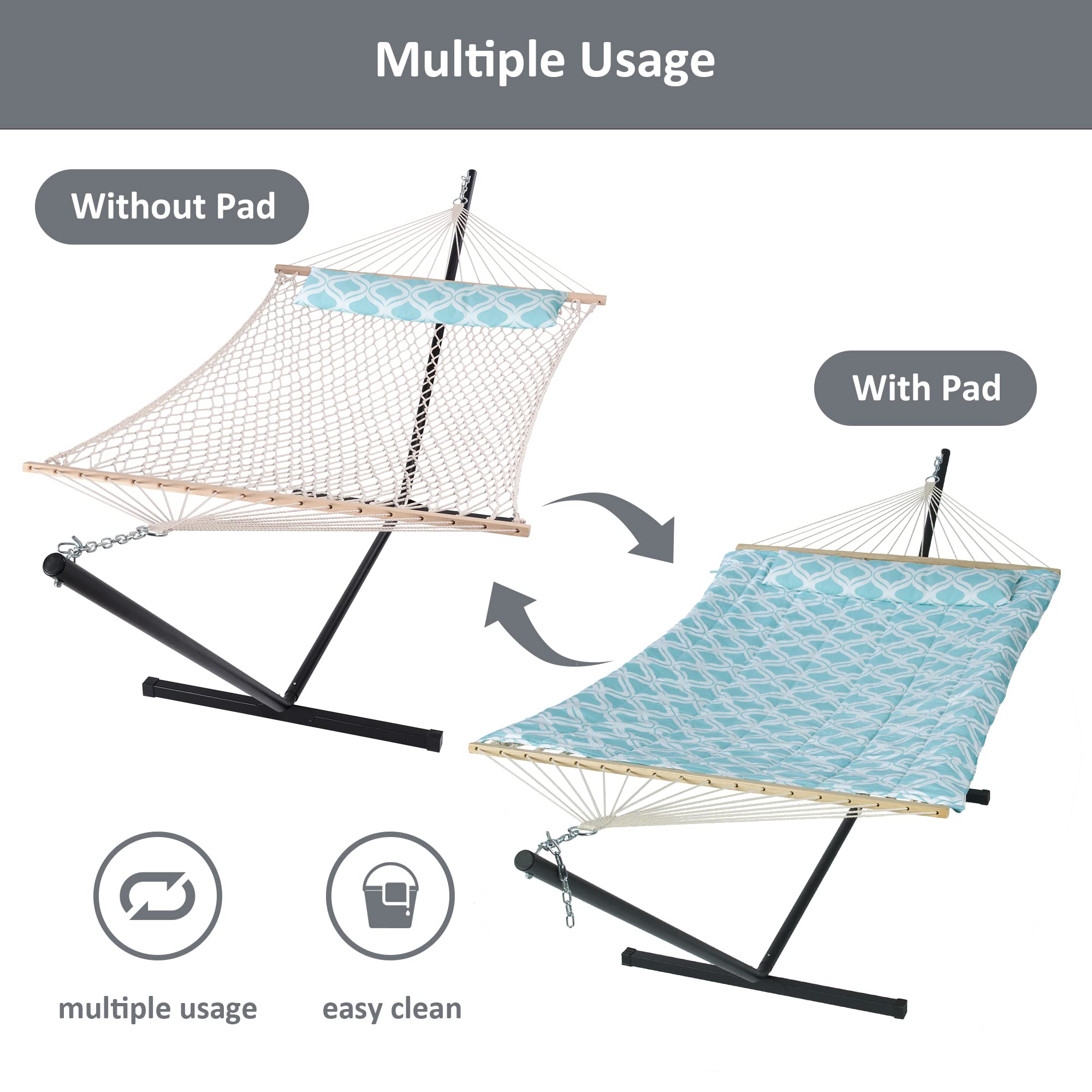 SUNCREAT Portable Double Hammock with Stand - Outdoor Patio Hammock in Green Pattern for Backyard, Garden & Beach Relaxation