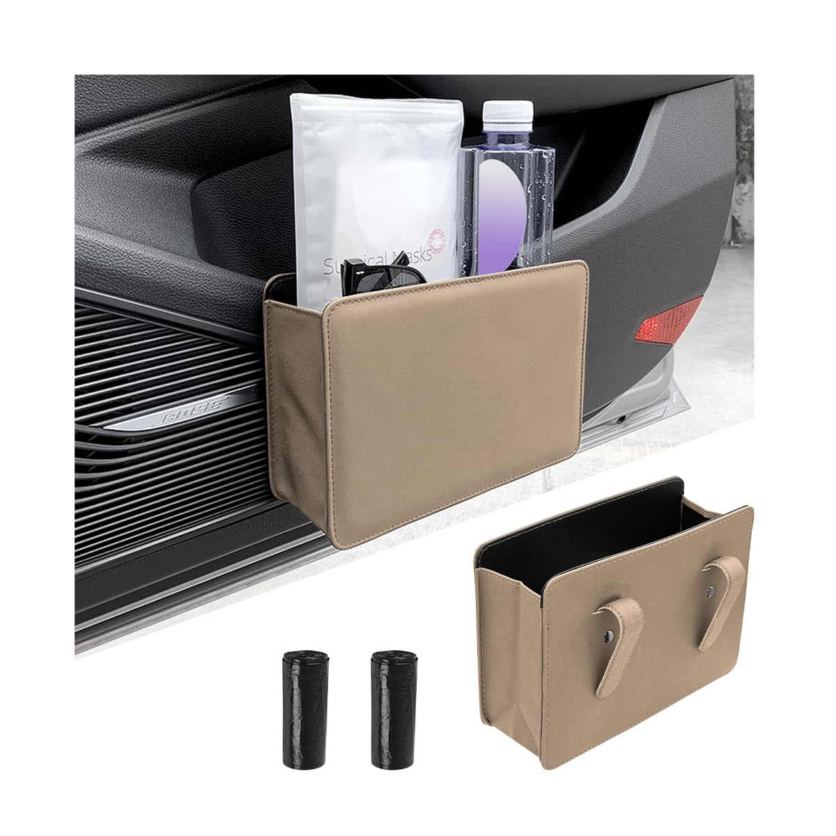Foldable Waterproof Car Trash Can - Leakproof Hanging Mini Garbage Bin with 2 Roll Trash Bags, Universal Vehicle Organizer for Sedans, SUVs & Trucks (Beige) | Perfect for Road Trips, Commuting & Family Travel