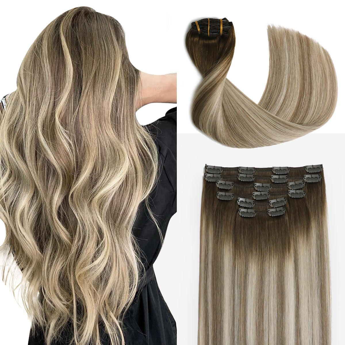 Clip-in Hair Extensions 16 Inch - Balayage Dark Brown to Ash Brown with Golden Blonde Highlights | 100g 6pcs Remy Human Hair with Thick Ends (#3/8/22) | Perfect for Parties, Weddings & Everyday Volume Boost