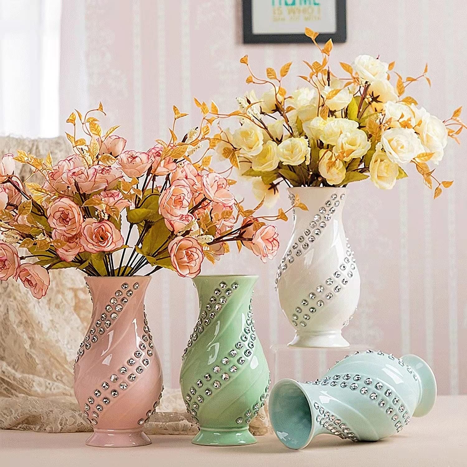 Nordic Style Minimalist Modern Handcrafted Diamond Ceramic Vase - Green Large Home Decor for Living Room, Office Desk & Wedding Centerpiece | Elegant Floral Arrangement Display