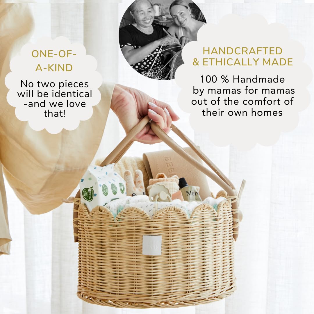 Premium Baby Diaper Caddy Organizer - Handmade Rattan Storage Basket with Scalloped Edge - Award-Winning Nursery Organizer for Diapers, Wipes & Baby Essentials - Perfect for Baby Showers, Nursery Decor & Gift Giving (Natural)