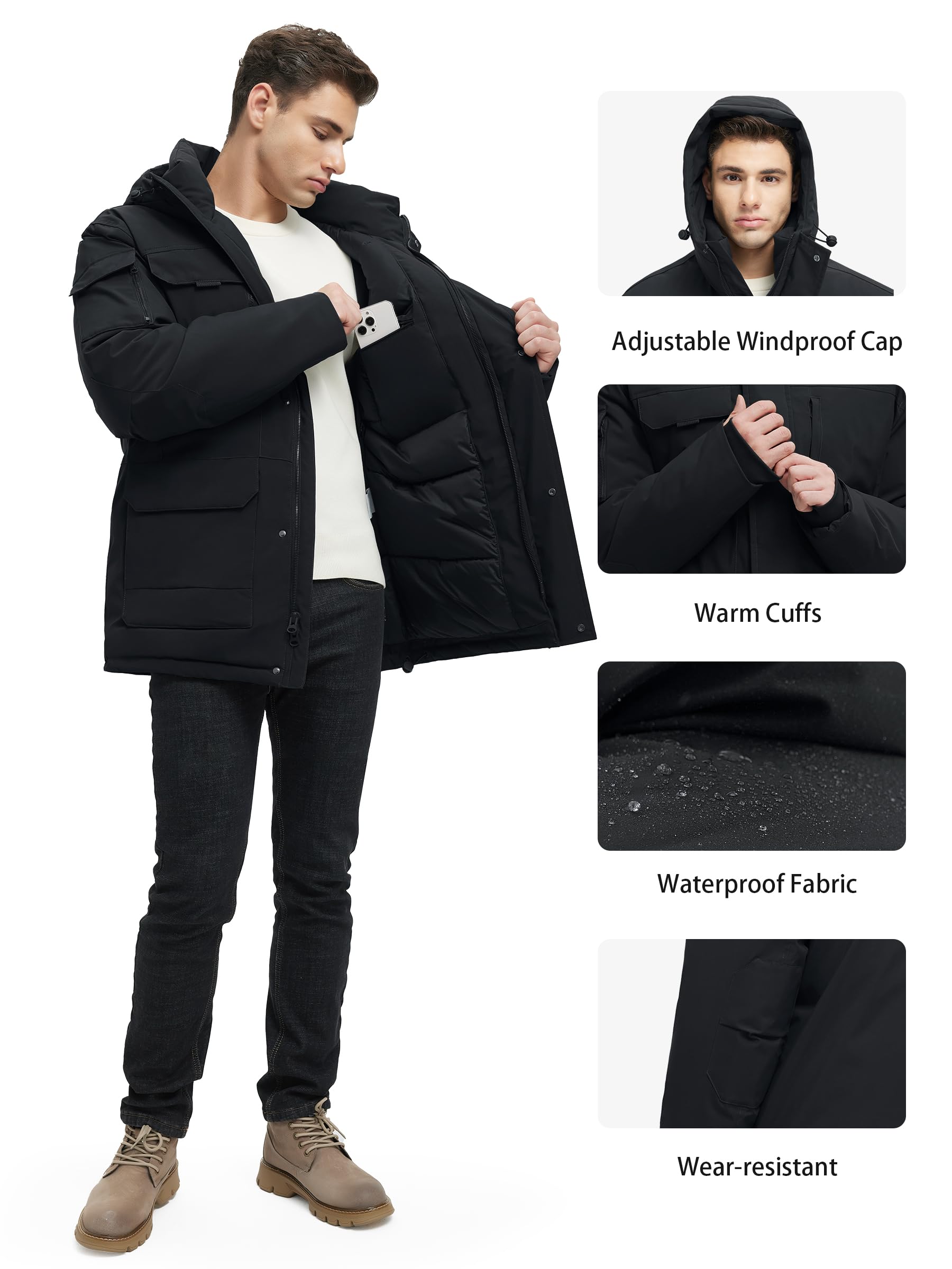 **Men's Waterproof Winter Coats with Hood - Warm Padded Jacket & Windbreaker for Outdoor Activities, Hiking, and Snow Sports**