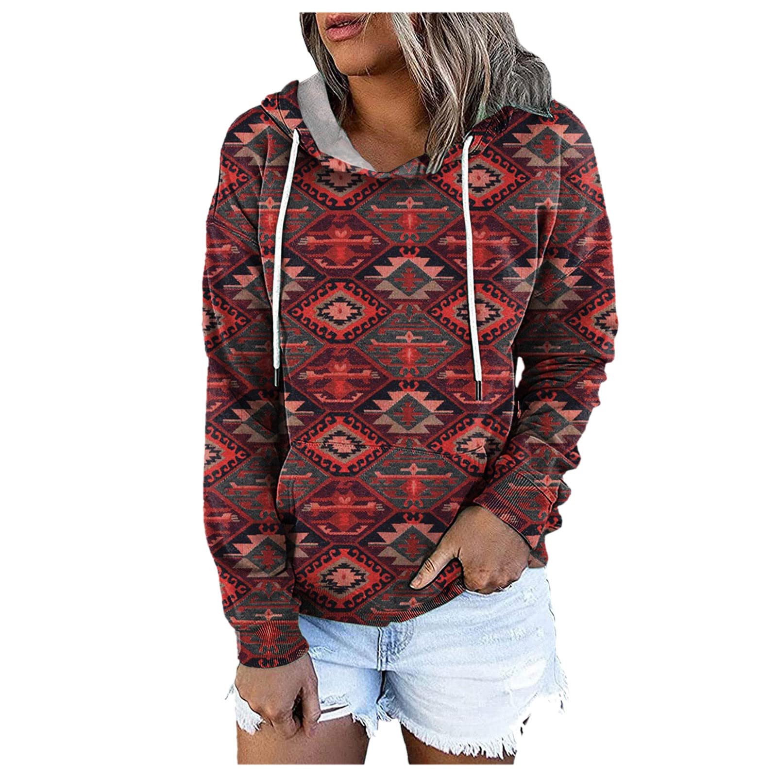 Women's Fleece Zip-Up Hoodie with Retro Print - Cozy Warm Pullover for Casual Wear, Outdoor Activities & Winter Layering