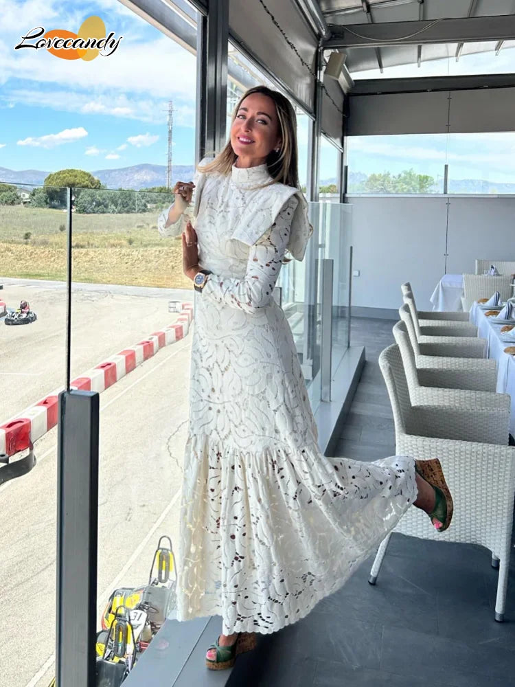 Elegant Hollow-Out Lace Maxi White Dress for Women - Fashion Mock Neck Long Sleeve Shoulder Padded Evening Gown | Perfect for Weddings, Parties & Formal Occasions 2024
