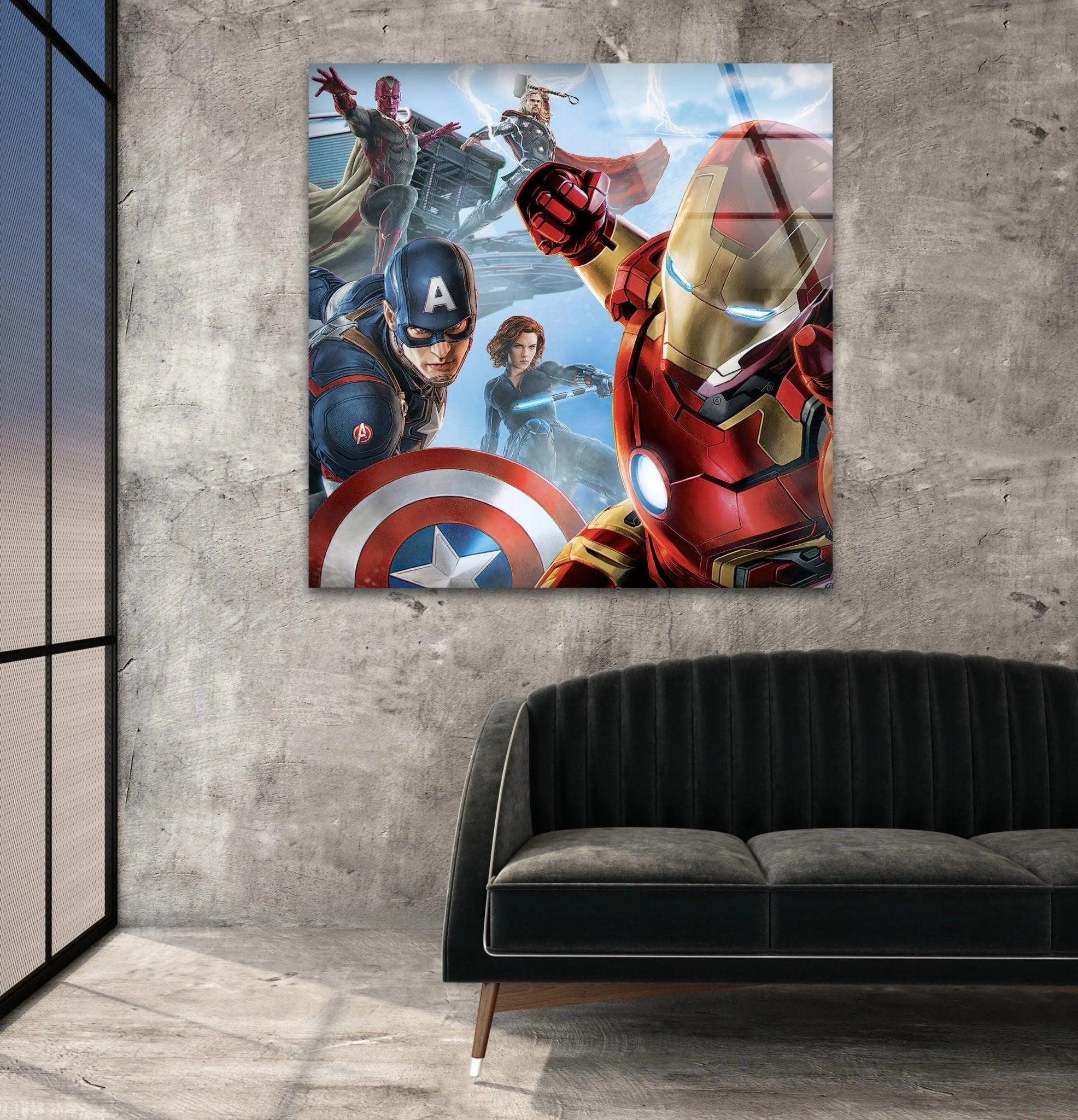 Marvel Avengers Superhero Glass Wall Art - Iron Man, Captain America, Hulk & Thor - Perfect for Home, Office & Game Room Decor