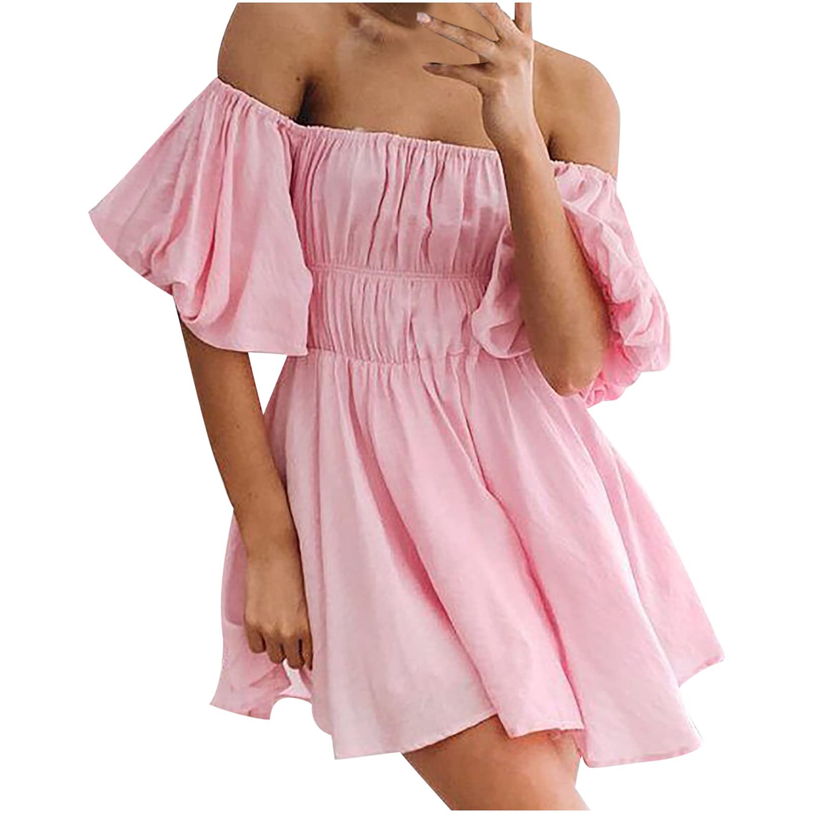 Women's Off Shoulder Ruffle Mini Dress - Solid Color Summer Puff Sleeve Above Knee Dress | Perfect for Beach Vacations, Date Nights & Summer Parties