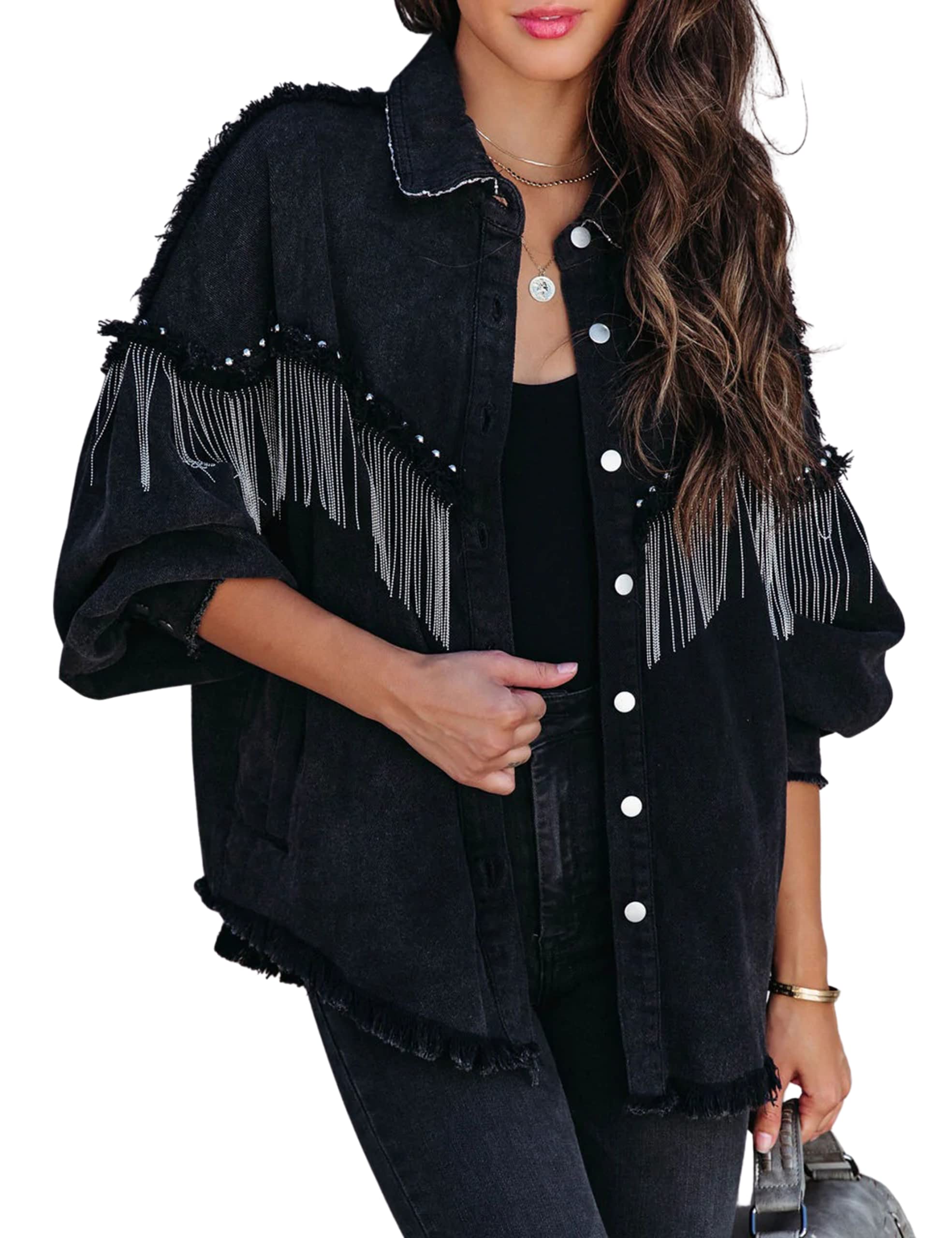 Daacee Women's Oversized Fringe Denim Jacket - Distressed Rhinestone Embellished Shacket Coat for Western Cowgirl Outfits | Perfect for Country Concerts, Rodeo Events & Boho Fashion Looks