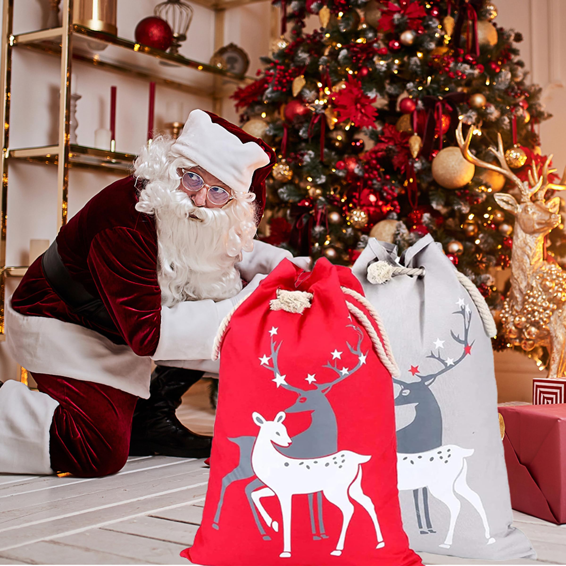 2 Pack Christmas Santa Sacks for Kids - Large 27.5x19.5 Inch Drawstring Gift Bags (Reindeer Red & Grey) - Holiday Stocking Stuffers, Xmas Decorations & Present Storage for Home, Parties & Festive Celebrations