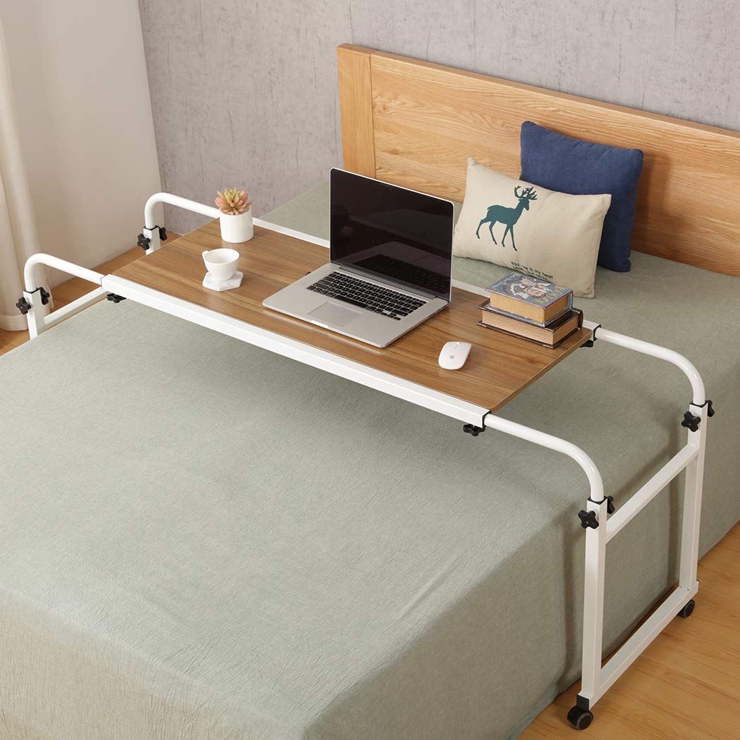 Adjustable Overbed Laptop Desk with Wheels - Rolling Bed Table for King/Queen Size Beds - Portable Workstation in Ancient Oak Finish - Perfect for Home Office, Hospital Use, and Bedside Computing