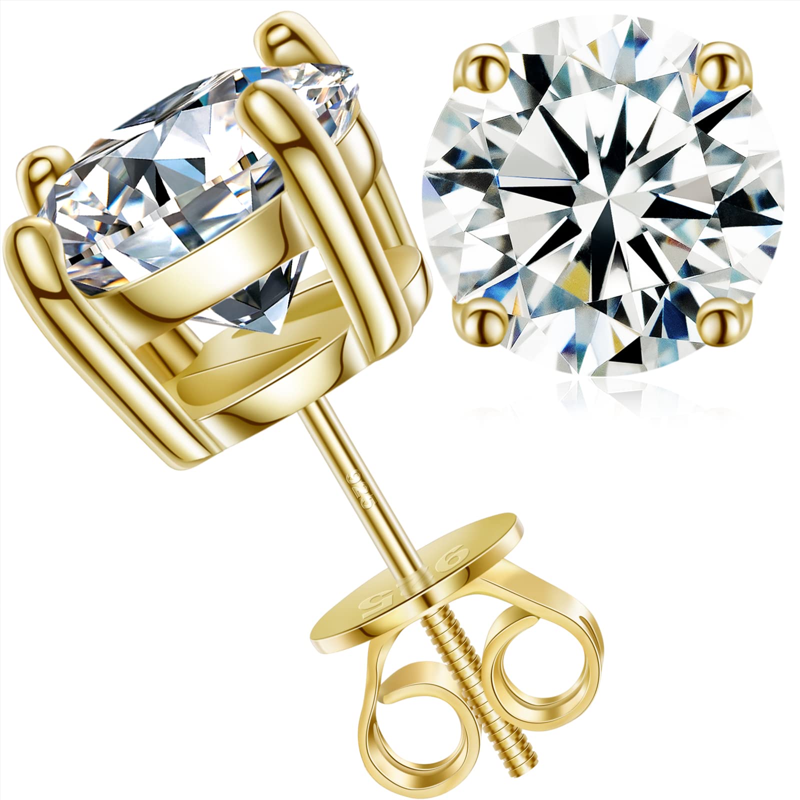 Moissanite Stud Earrings for Women & Men - 0.2-8 Carat Round Cut Screw Back Earrings in 18k Gold Plated S925 Sterling Silver | D Color VVS1 Clarity Simulated Diamond Earrings | Perfect for Anniversary, Wedding, Birthday & Women's Day Gifts
