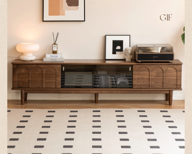 Solid Black Walnut Wood Retro TV Stand with Large Storage | Vintage Entertainment Center for Living Room & Home Theater