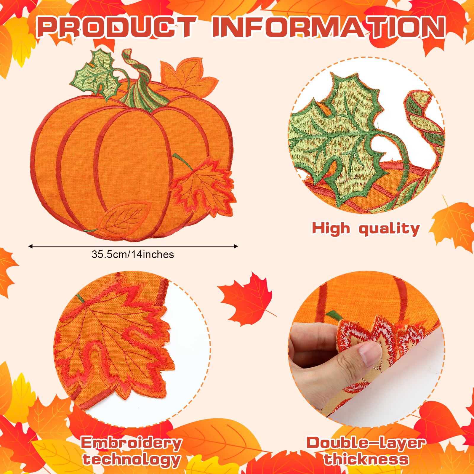 6 Pack Fall Pumpkin Placemats - 14'' Round Embroidered Thanksgiving Table Mats in Harvest Orange for Autumn Decor | Perfect for Holiday Parties, Kitchen & Dining Table Decorations