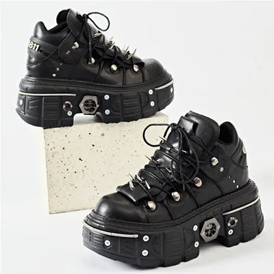 2025 Trendy Women's Ankle Boots - Chunky Heel Round Toe Lace-Up Sneakers with Metal Rivet Decor, Gothic Punk Rock Style for Daily Wear & Night Out