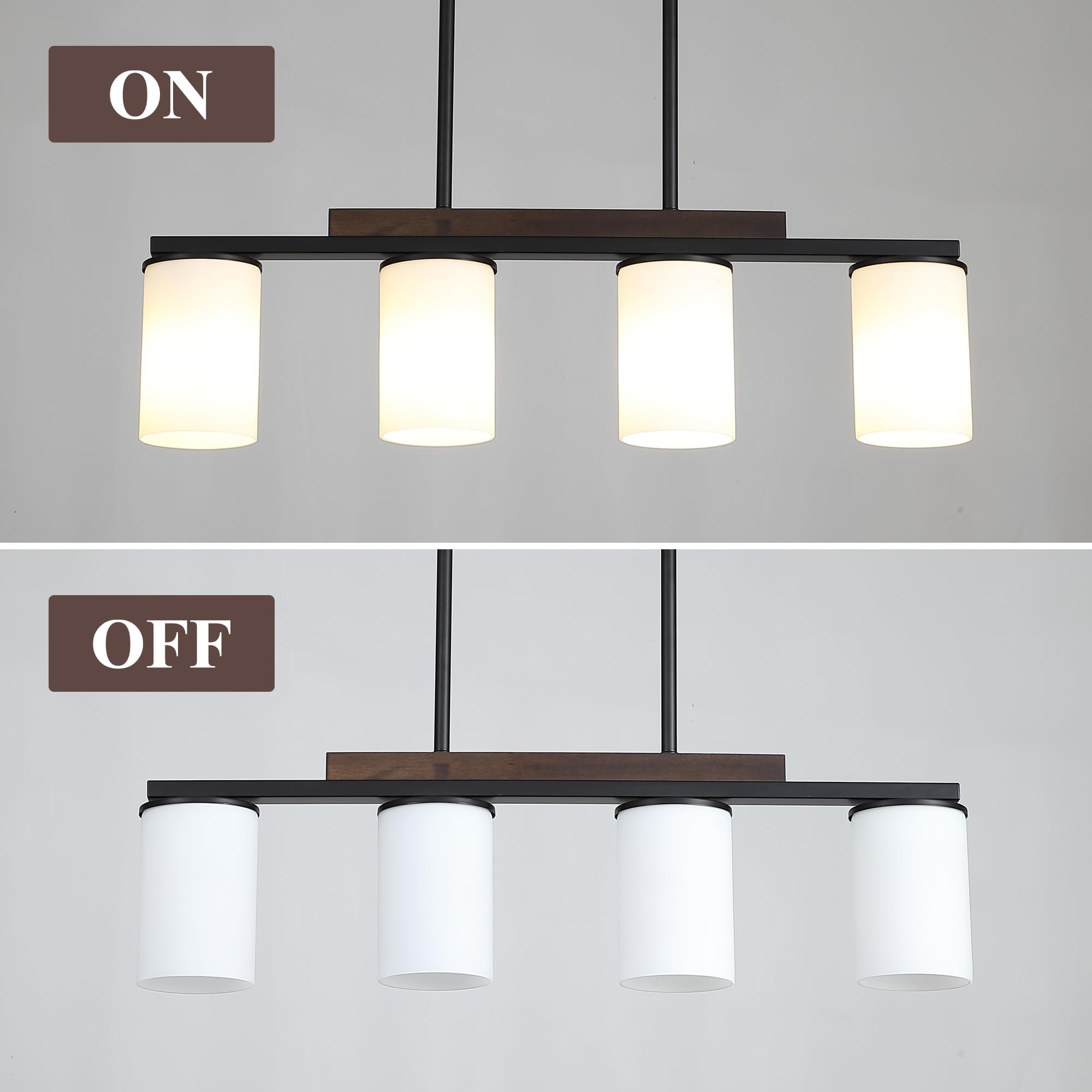 Farmhouse Black Pendant Lights with Milk Glass Shade - 4 Light Linear Chandelier for Dining Room & Kitchen Island - Rustic Wood Accent Lighting Perfect for Farmhouse, Industrial & Modern Decor