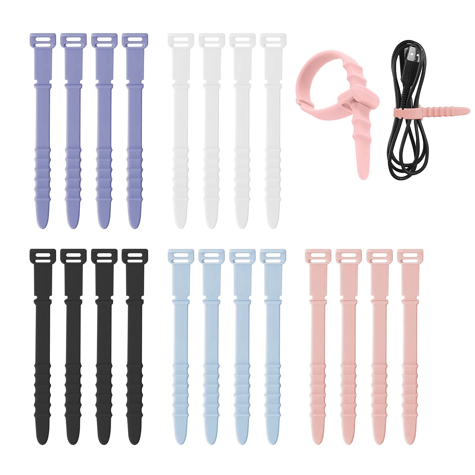 20 Pack Reusable Silicone Zip Ties - 4.5 Inch Flexible Rubber Cable Ties for Wire Management, Cord Organization - Home, Office, Desk, Table Organizer - White, Black, Pink, Purple, Blue - Perfect for Electronics, Computer Wires, Christmas Lights & Home DIY Projects