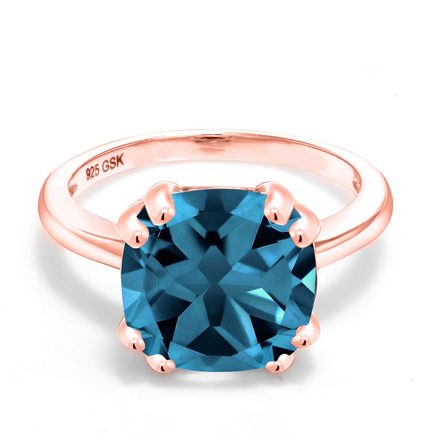 Gem Stone King London Blue Prasiolite 18K Rose Gold Plated Silver Women's Ring - 5.20 Ct Cushion Cut 10MM Size - Elegant Jewelry Gift for Anniversary, Birthday & Special Occasions