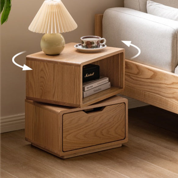 Rotating Oak Solid Wood Side Table Nightstand - Modern Bedroom Furniture for Small Spaces, Living Room, Office & Dorm
