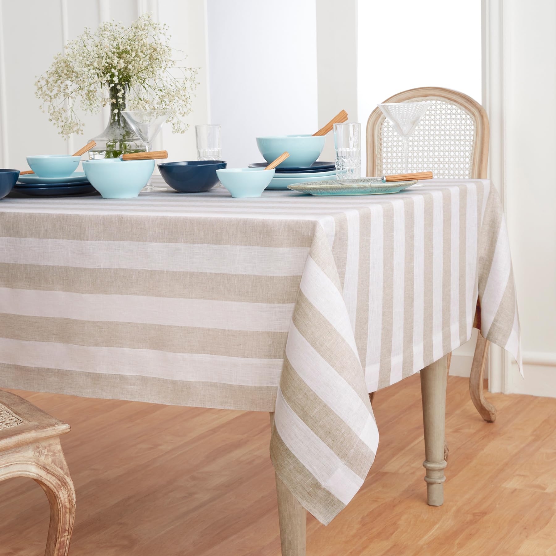 Solino Home 100% Pure Linen Tablecloth - Natural & White Striped Table Cover 60x90 Inches - Handcrafted, Machine Washable Linen Fabric for Dining Table, Kitchen, Party Decor - Perfect for Spring, Mother's Day, Easter & Everyday Use