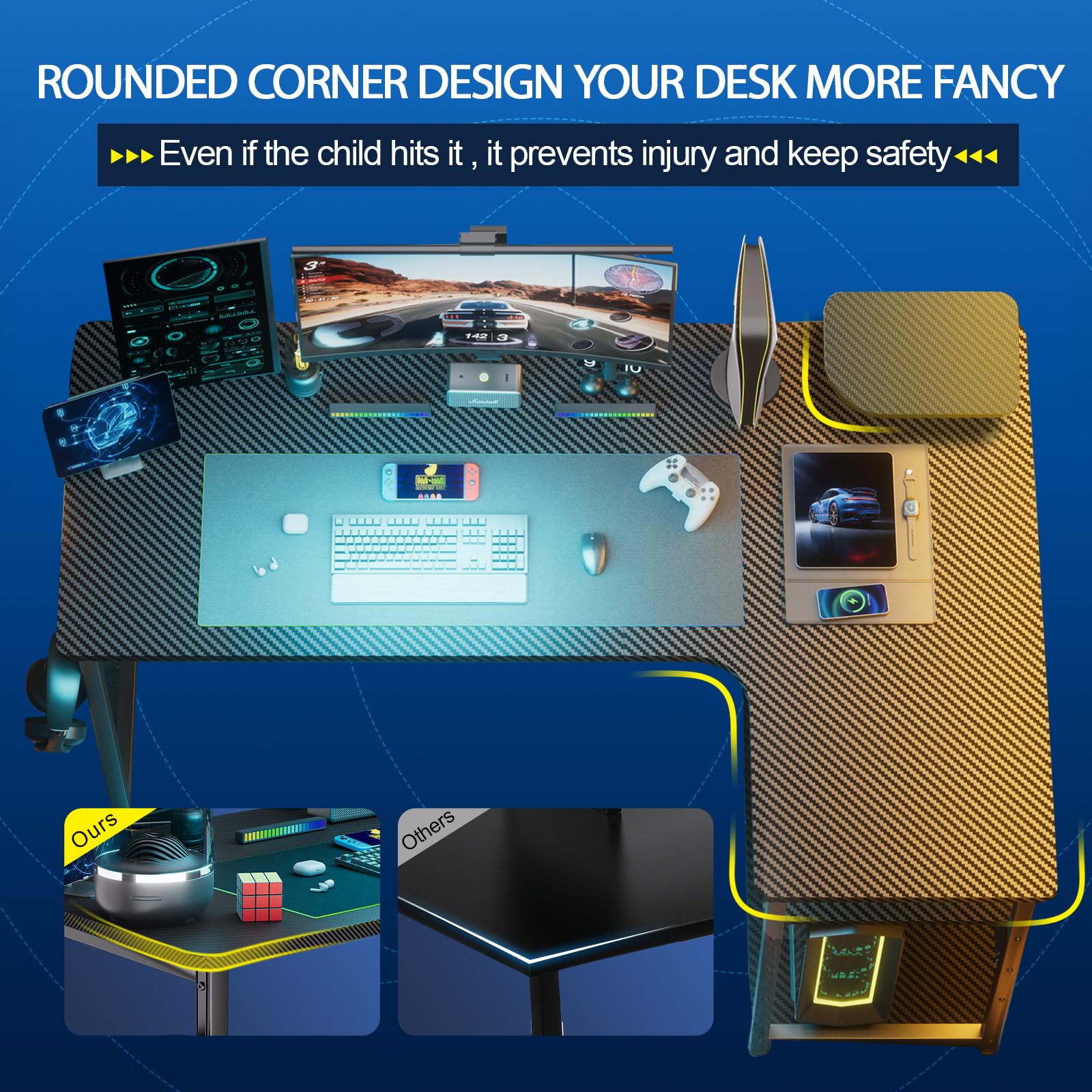 GTRACING L-Shaped Gaming Desk - Carbon Fiber Style Computer Desk with Monitor Arm Mount & Storage Shelves, Corner Desk for Home Office, Easy to Assemble with Adjustable Shelf Height - Perfect for PC Gaming, Streaming & Work Setup
