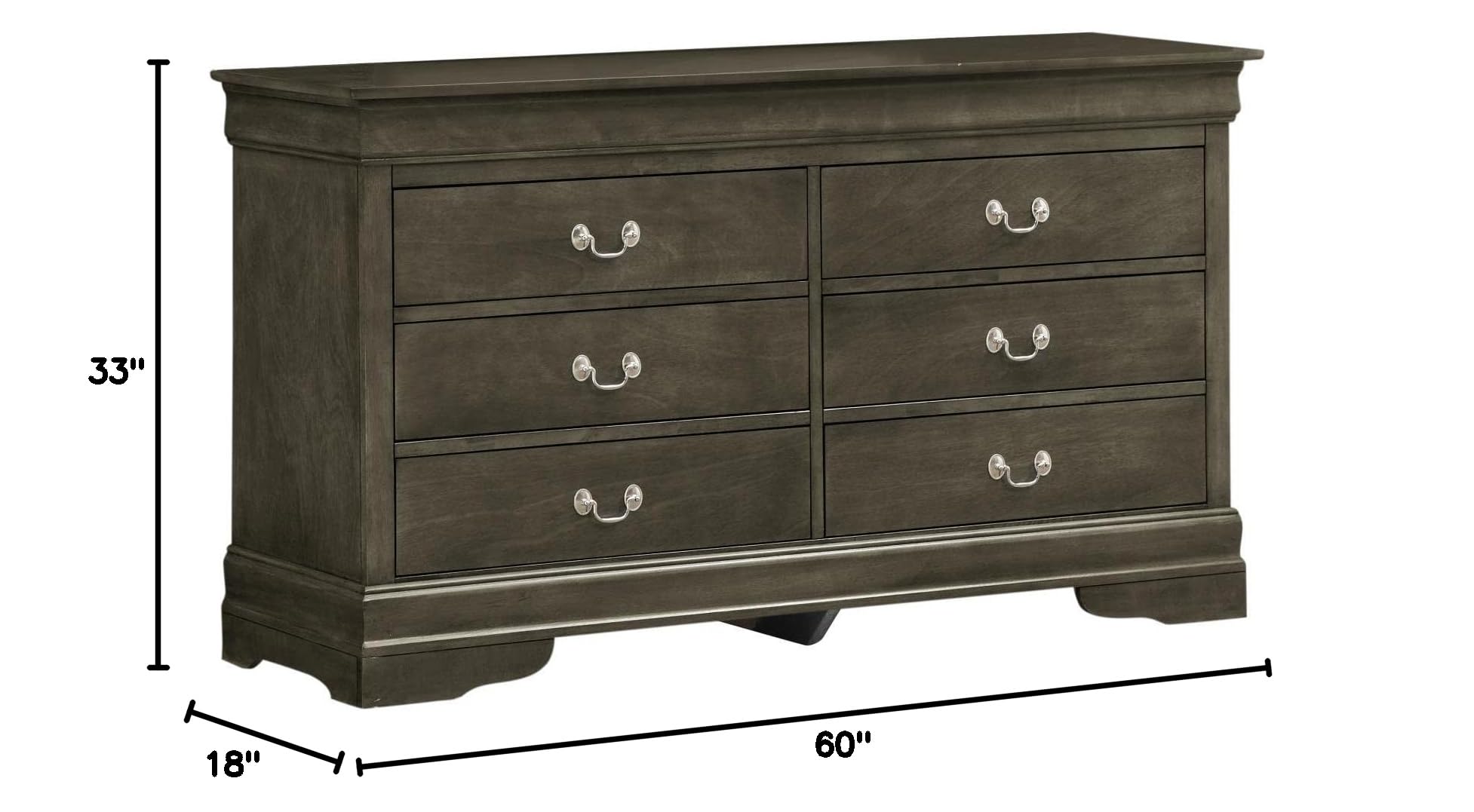 Glory Furniture Louis Phillipe 6-Drawer Gray Dresser - Perfect for Bedroom Storage & Organization
