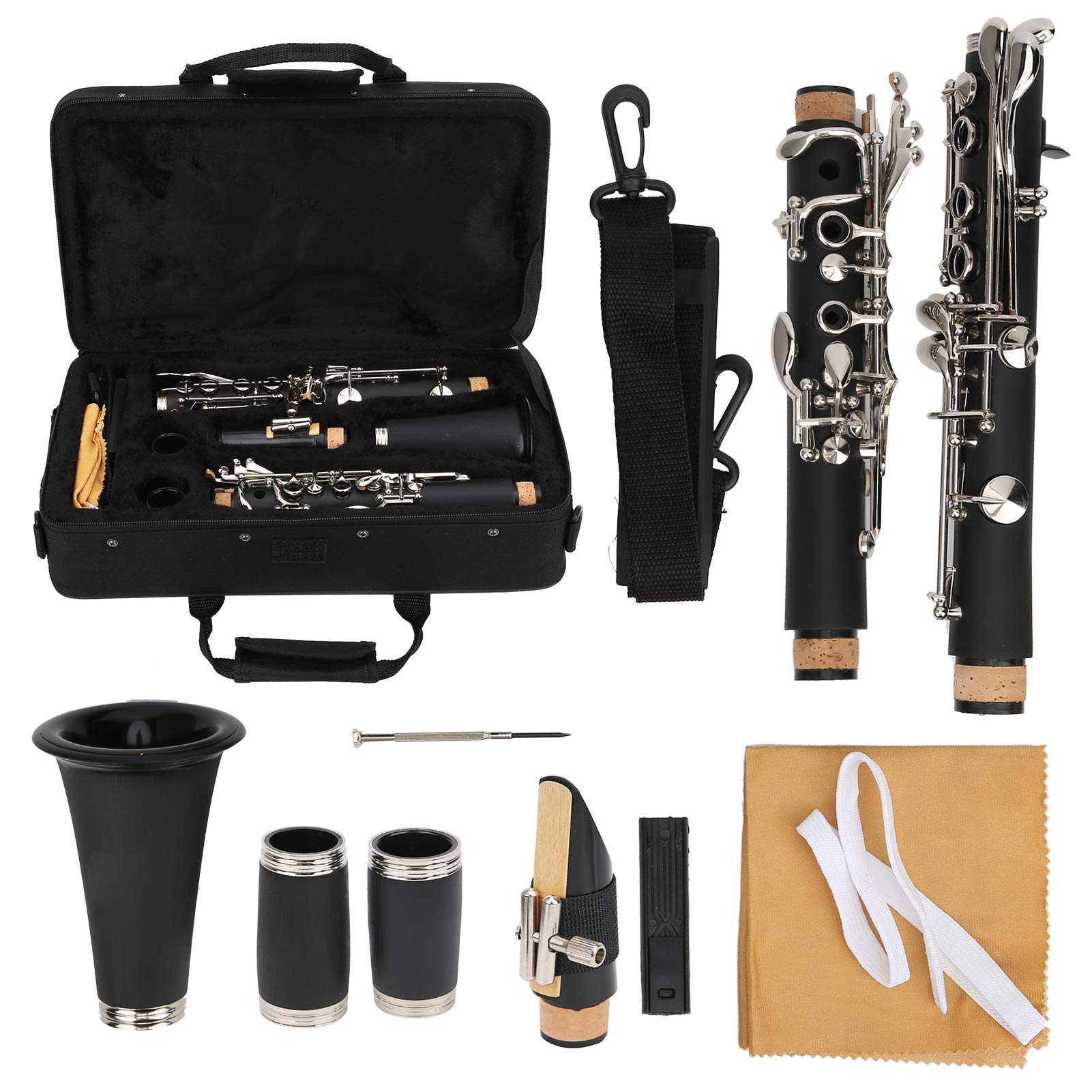 Professional Bb Clarinet with 17 Nickel Keys - Best Beginner Student Clarinet for Woodwind Band & Orchestra - Includes Hard Case & Cleaning Kit (Black) - Perfect for School Performances, Music Practice & Marching Band