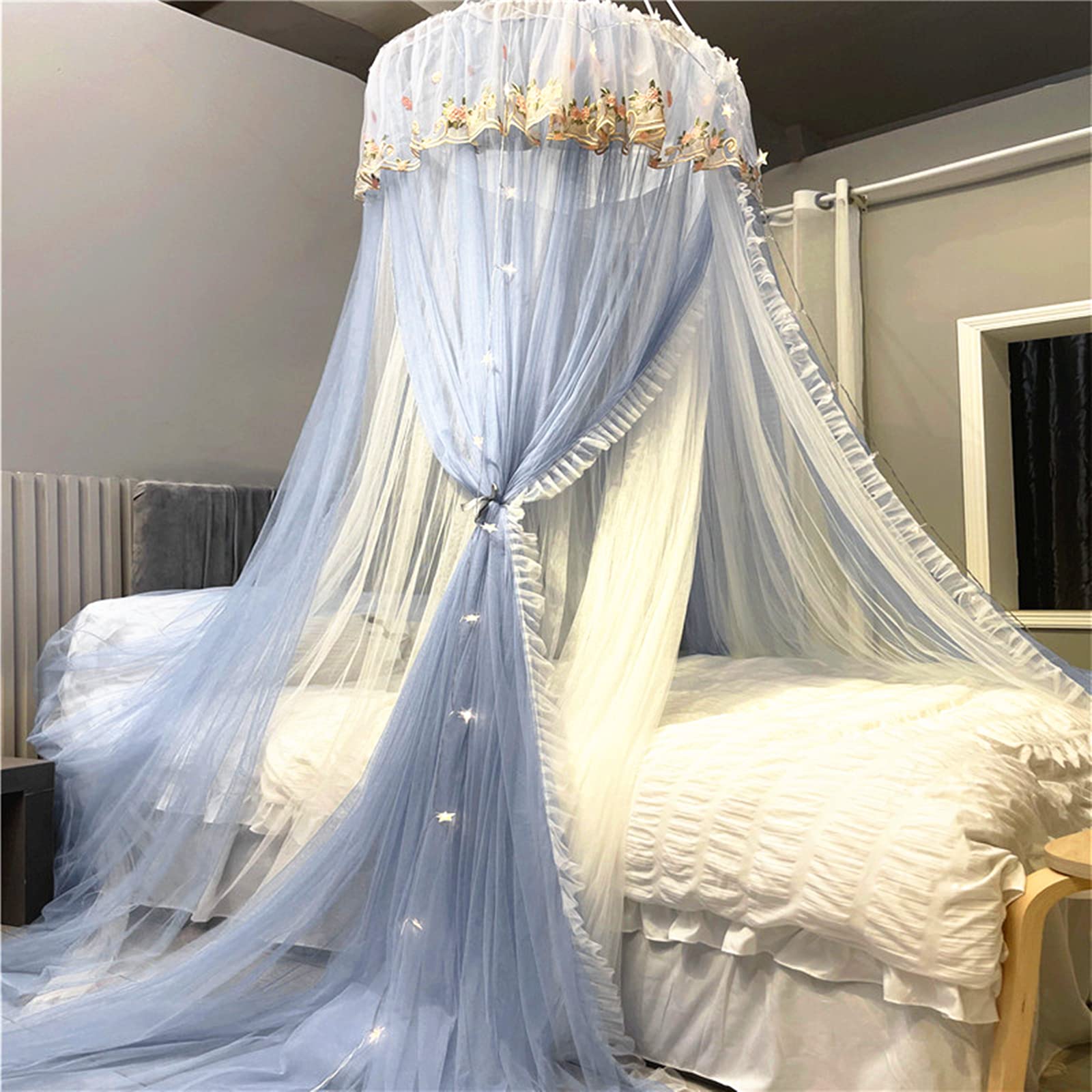 VETHIN Princess Bed Canopy for Girls - Double Layer Sheer Mesh Dome with Elegant Embroidery Lace, Mosquito Net Bed Curtain for Full/Queen/King Size Beds, Includes LED Star String Lights (Grey/White) - Perfect for Kids' Bedrooms, Sleepovers & Fairy Tale Themed Decor