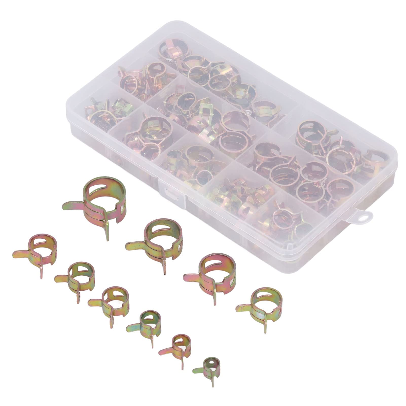 100pcs Galvanized Fuel Line Clamp Spring Band Clips with Storage Box - Hose Pipe Tube Fastener for Automotive, Marine & Industrial Applications