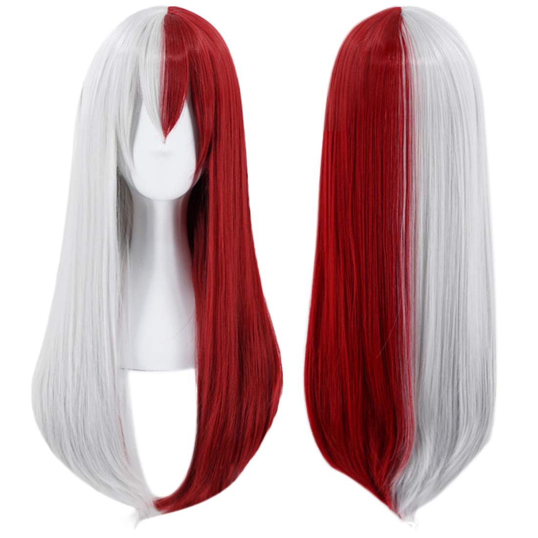 JoneTing Half Silver Half Red Long Straight Wig with Free Wig Cap | Ombre Red & White Cosplay Wig for Women | Perfect for Halloween Costumes, Anime Conventions, and Themed Parties