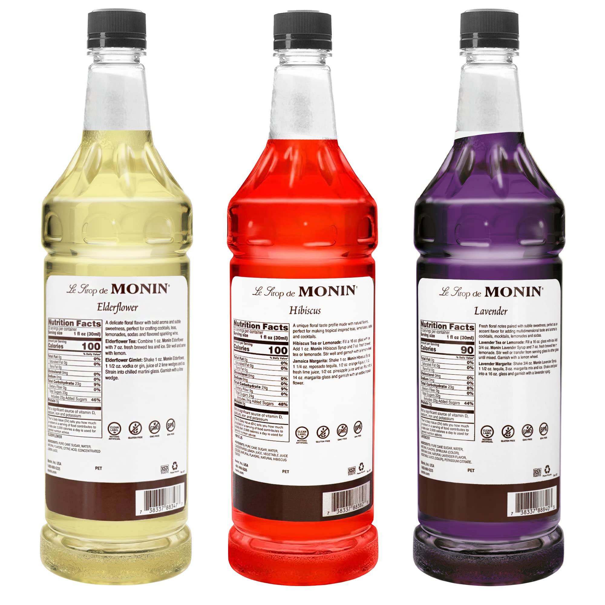 Monin Floral Variety Pack - Lavender, Elderflower & Hibiscus Syrup (3-Pack, 1L Each) | Gluten-Free, Vegan, Non-GMO Cocktail Mixer for Drinks, Mocktails, Teas & Lemonades | Perfect for Home Bars, Cafés & Party Beverages
