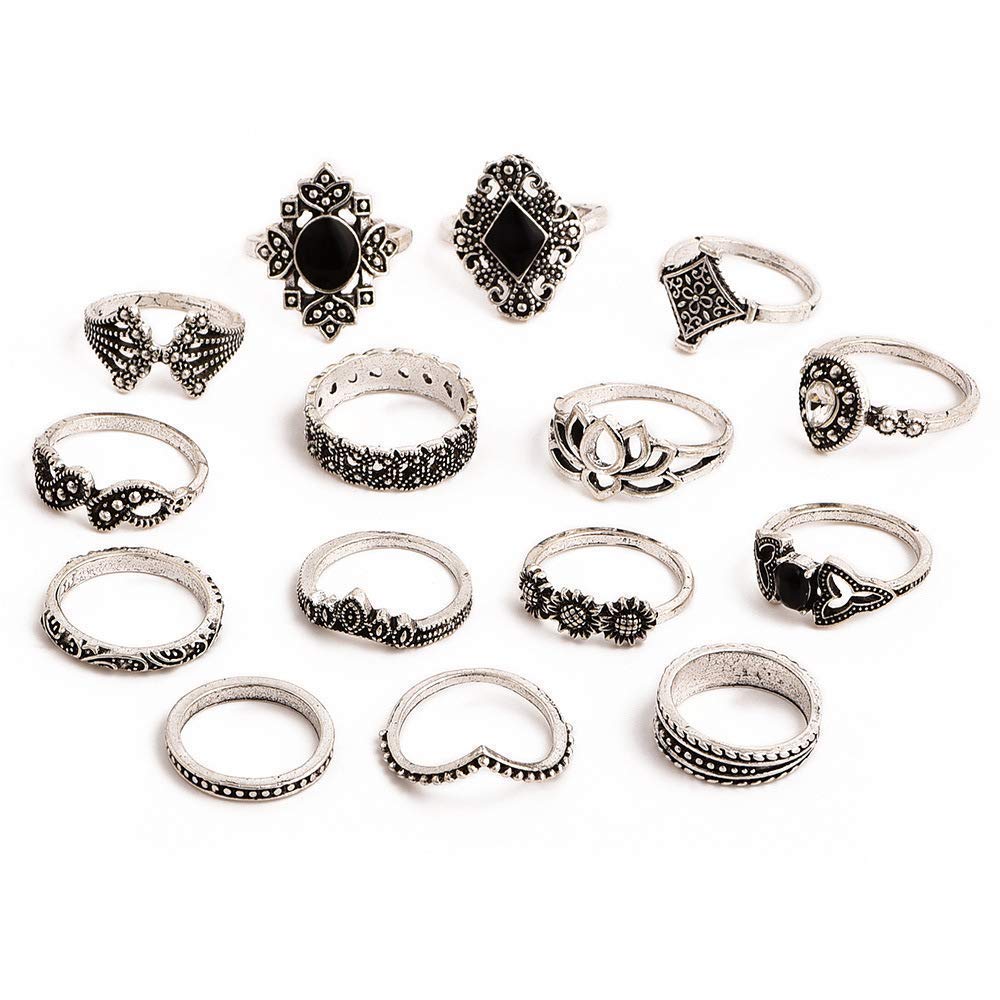 YouBella 15-Piece Boho Silver Plated Rings Set for Women | Oxidized Jewelry Gift Set | Trendy Stackable Rings for Everyday Wear, Parties & Special Occasions (YBRG_20111A)