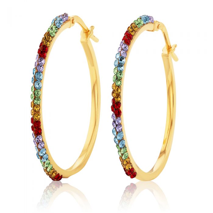 9ct Silver Filled Yellow Gold Rainbow Multi-Color Crystal Hoop Earrings 25mm - Perfect for Parties, Weddings & Everyday Wear
