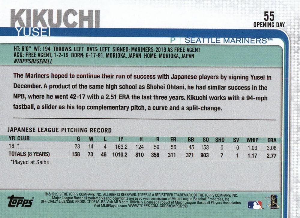 2019 Topps Opening Day Baseball #55 Yusei Kikuchi Rookie Card RC - Seattle Mariners MLB Trading Card for Collectors & Fans - Perfect for Sports Memorabilia Collections & Gift Giving