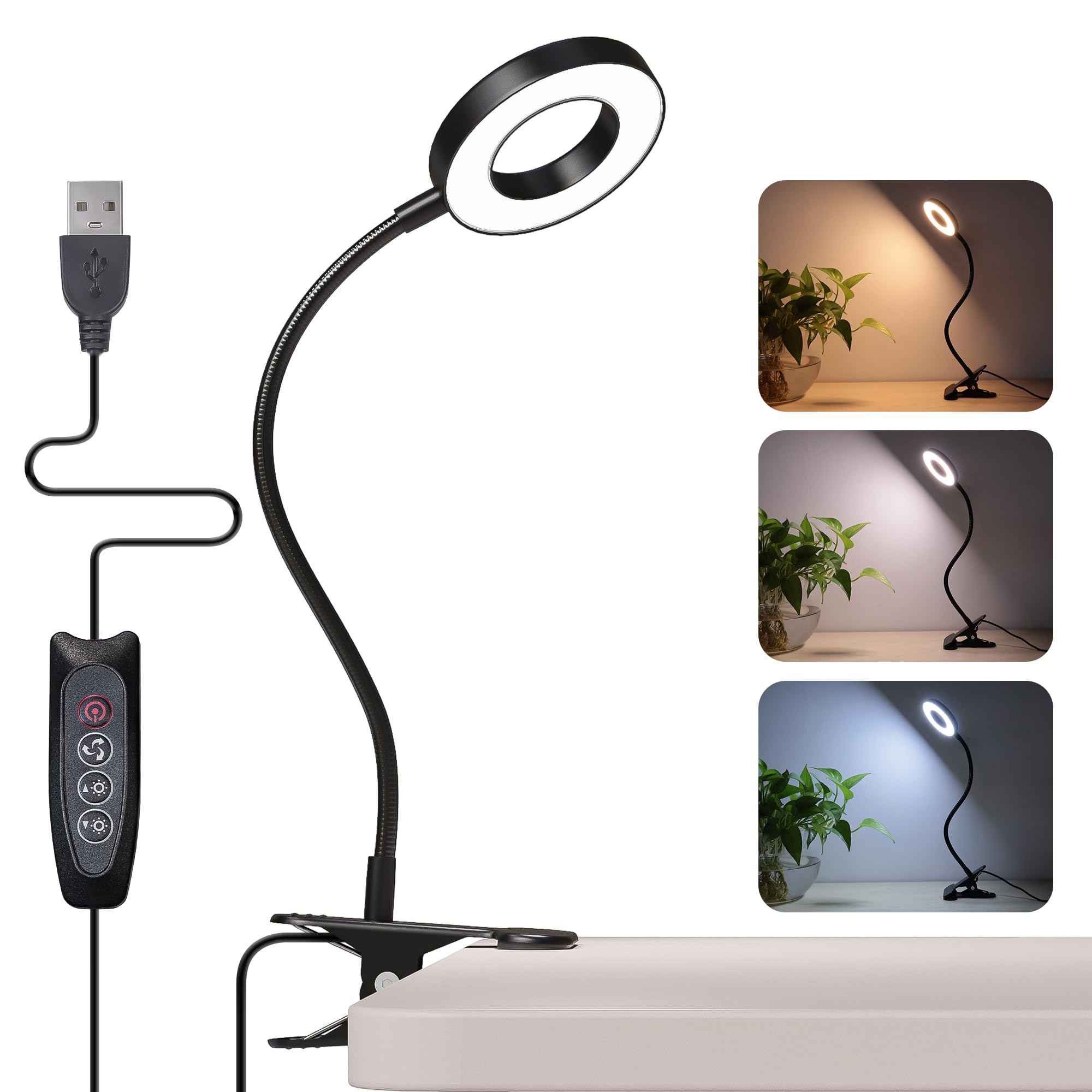 Foneso 48 LED USB Clip On Desk Lamp - 3 Color Modes & 10 Brightness Levels, 360° Adjustable Gooseneck Eye Protection Light for Reading, Studying, Makeup, Office Work, and Nightstand Use
