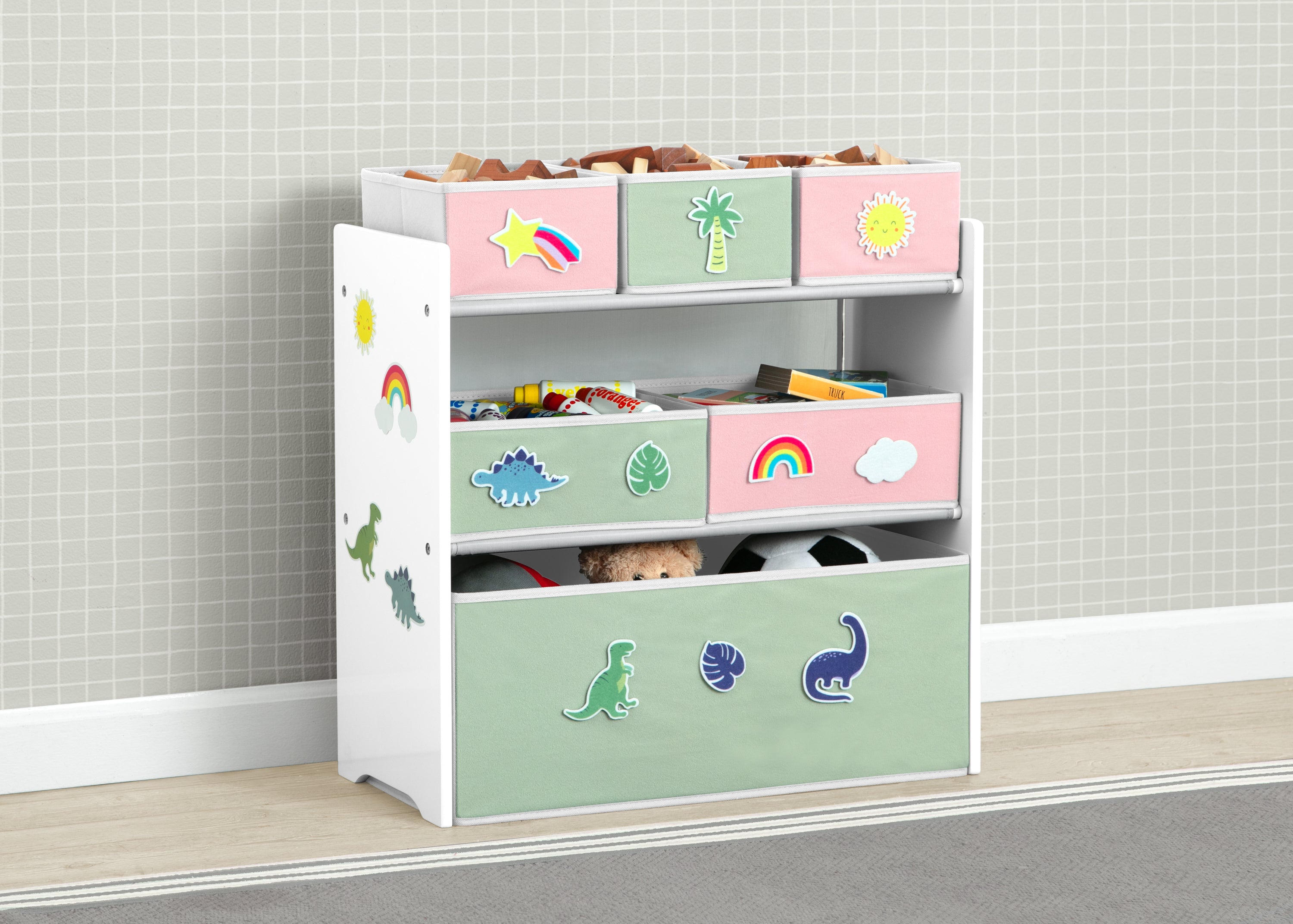 6 Bin Toy Storage Organizer with Interchangeable Patches - Kids Room Organization & Playroom Storage Solution for Toys, Books, and Crafts
